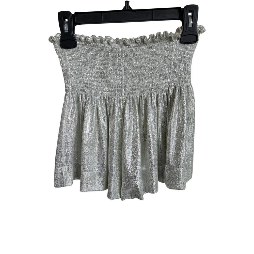 Queen of Sparkles Metallic Shirred Sequin High Rise Swing Short Silver Women's S - Picture 4 of 5